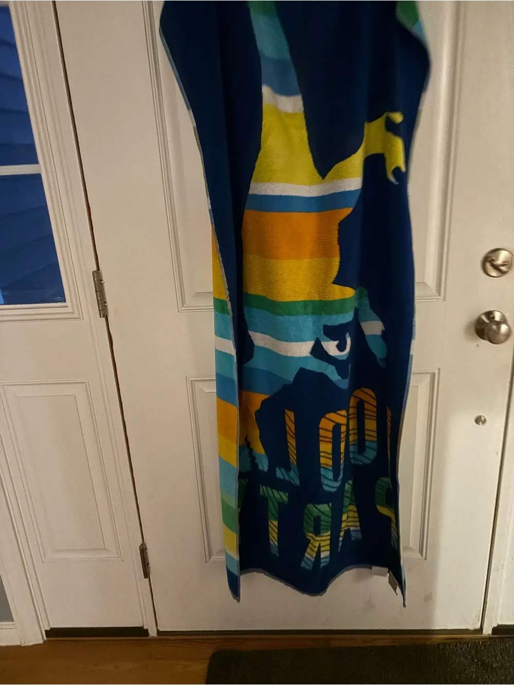Kids “Pool Party” Beach Towel with Dinosaur & Stripe Design.